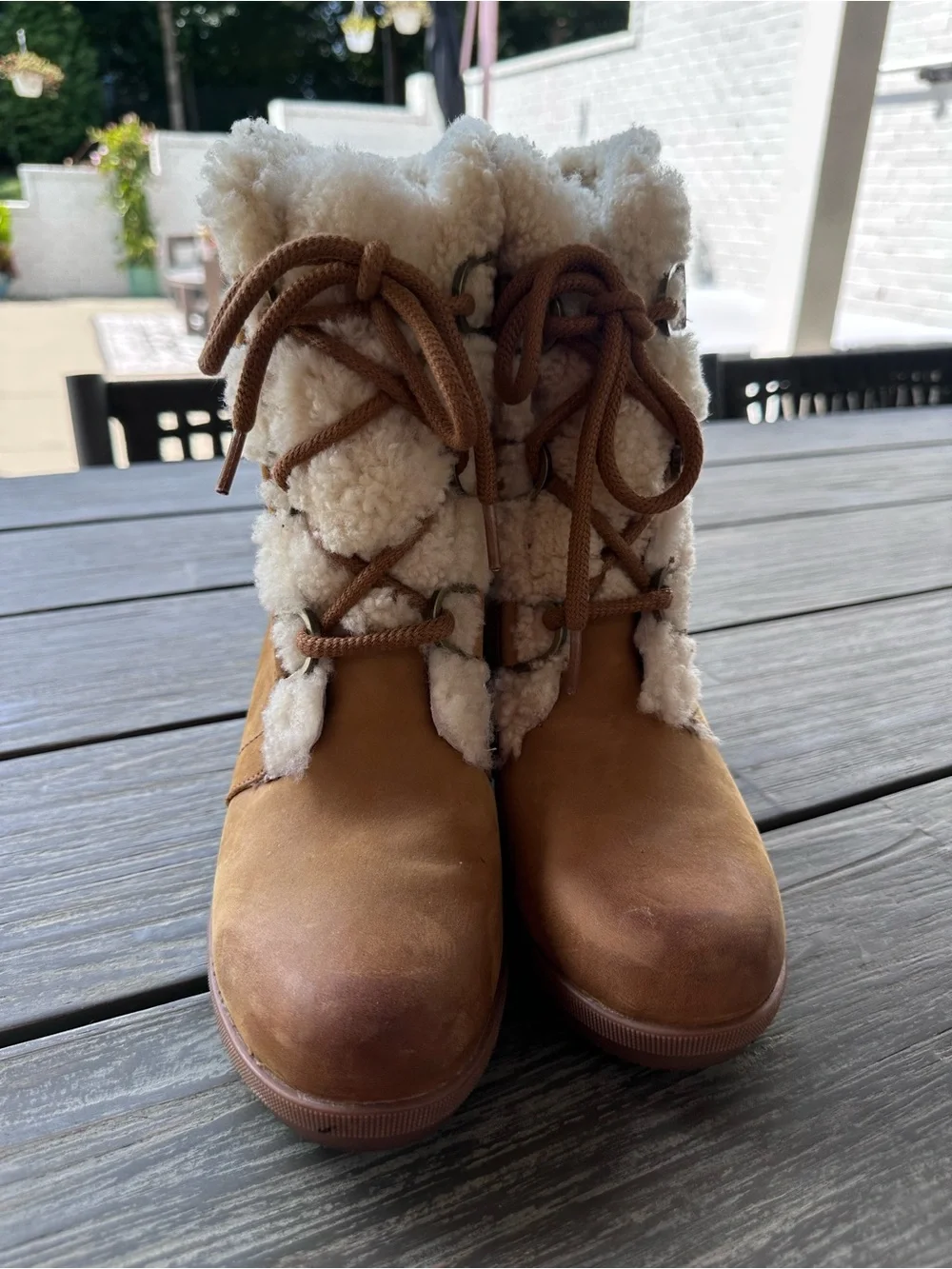 Sorel Brown Lace-Up Shearling Wedge Winter Boots